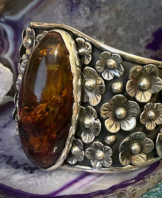 Sterling Silver Modern Taxco Mexico Statement Flowers & Baltic Amber Cuff Bracelet