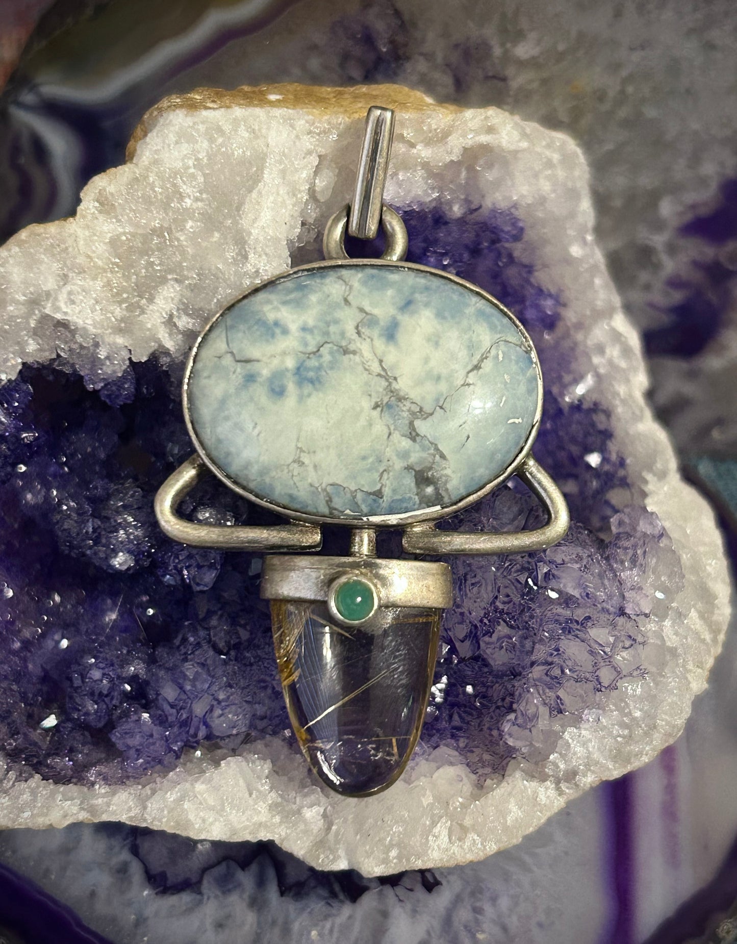 Vintage Sterling Silver Larimar, Rutilated Quartz, & Jade Statement Pendant
