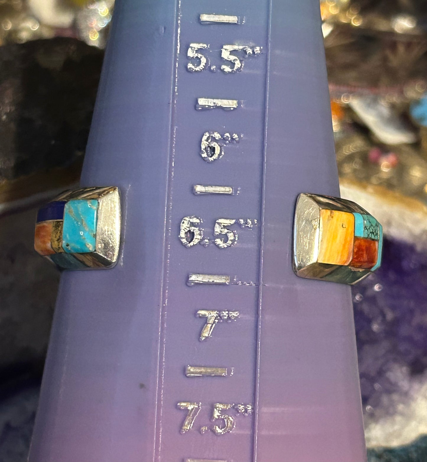 Native American Sterling Silver Multi Stone Inlay Cuff Bracelet Signed “C”