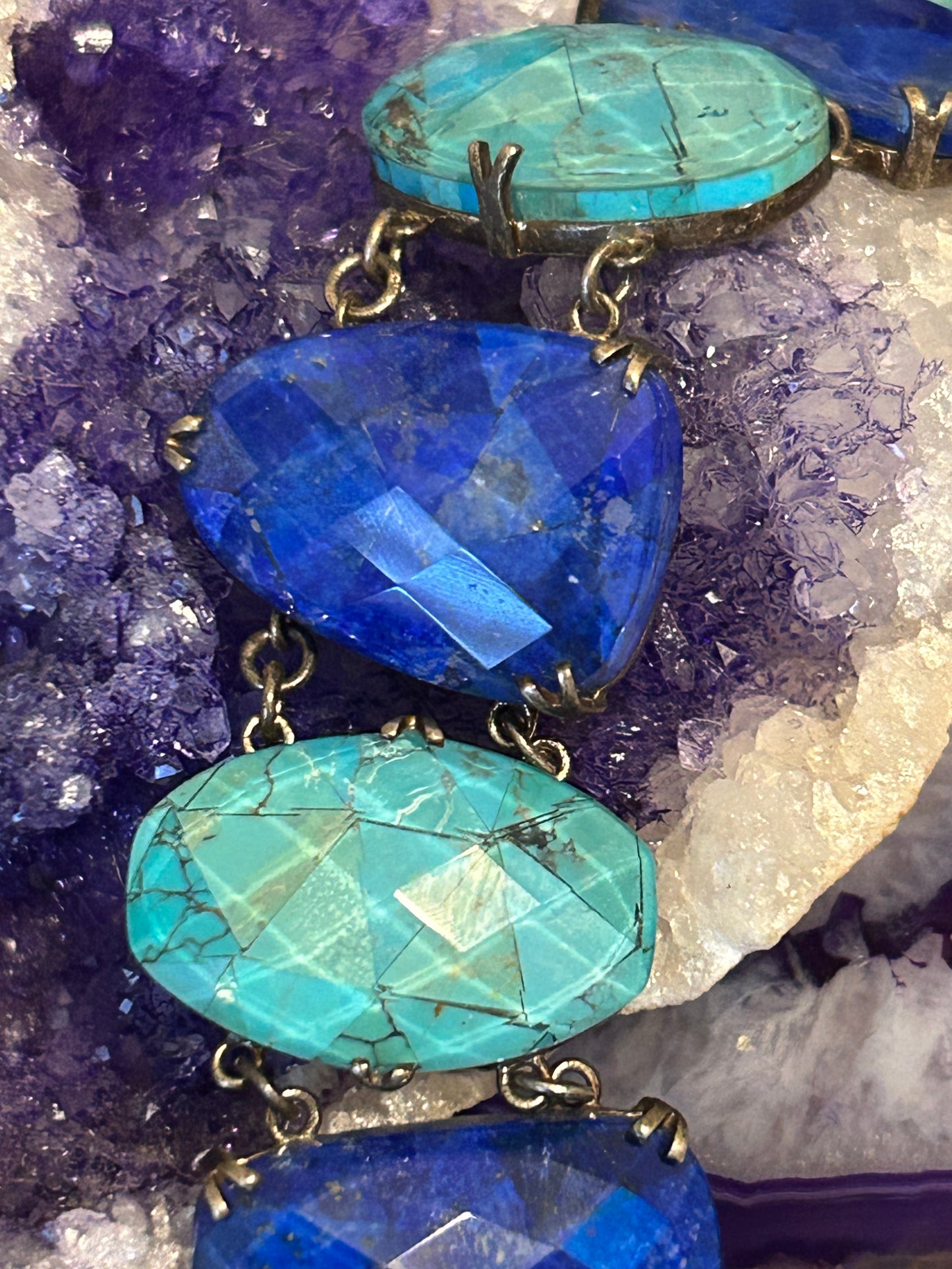 Vintage Whitney Kelly Sterling Silver Faceted Lapis & Turquoise Link Bracelet