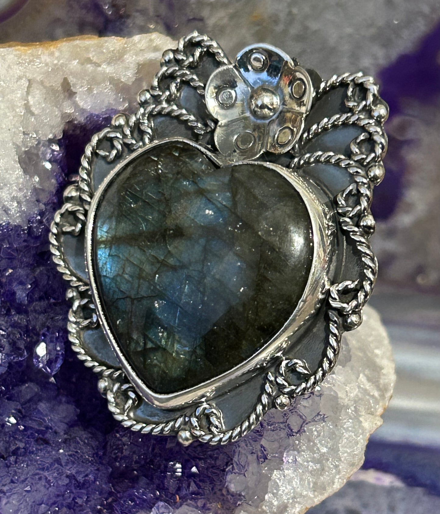 Sterling Silver Taxco Large Labradorite Stone Heart Ring Adjustable