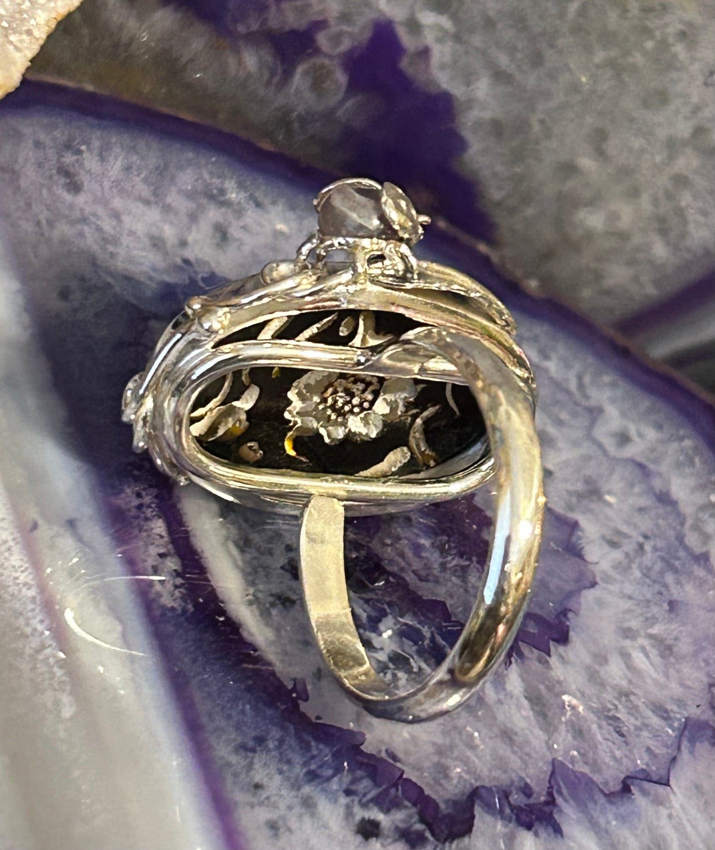 Sterling Silver Carved Amber Ring With Flowers & Amethyst Lady Bug • Adjustable