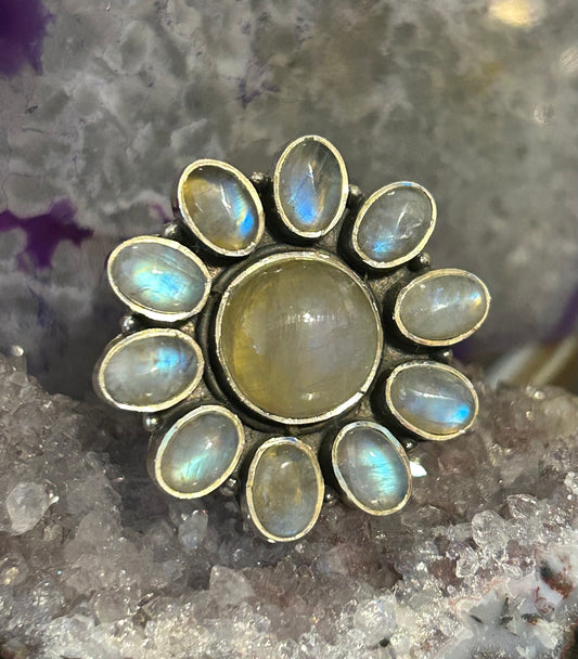 Sterling Silver Yellow Moonstone Round Circle Flower Ring Size 6.5