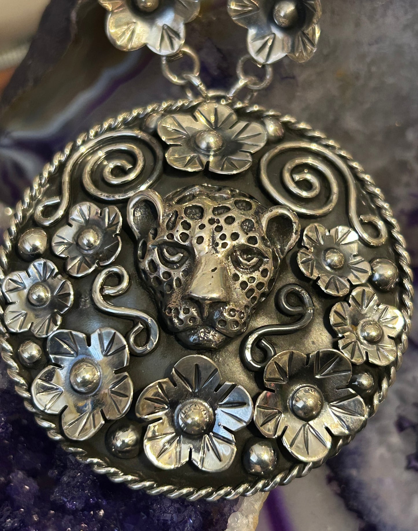 Sterling Silver Taxco Mexico Jaguar & Flowers Statement Pendant Necklace