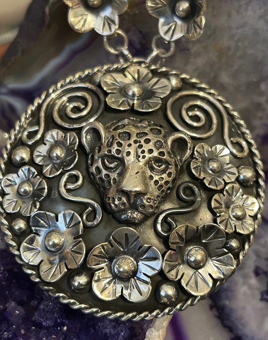 Sterling Silver Taxco Mexico Jaguar & Flowers Statement Pendant Necklace