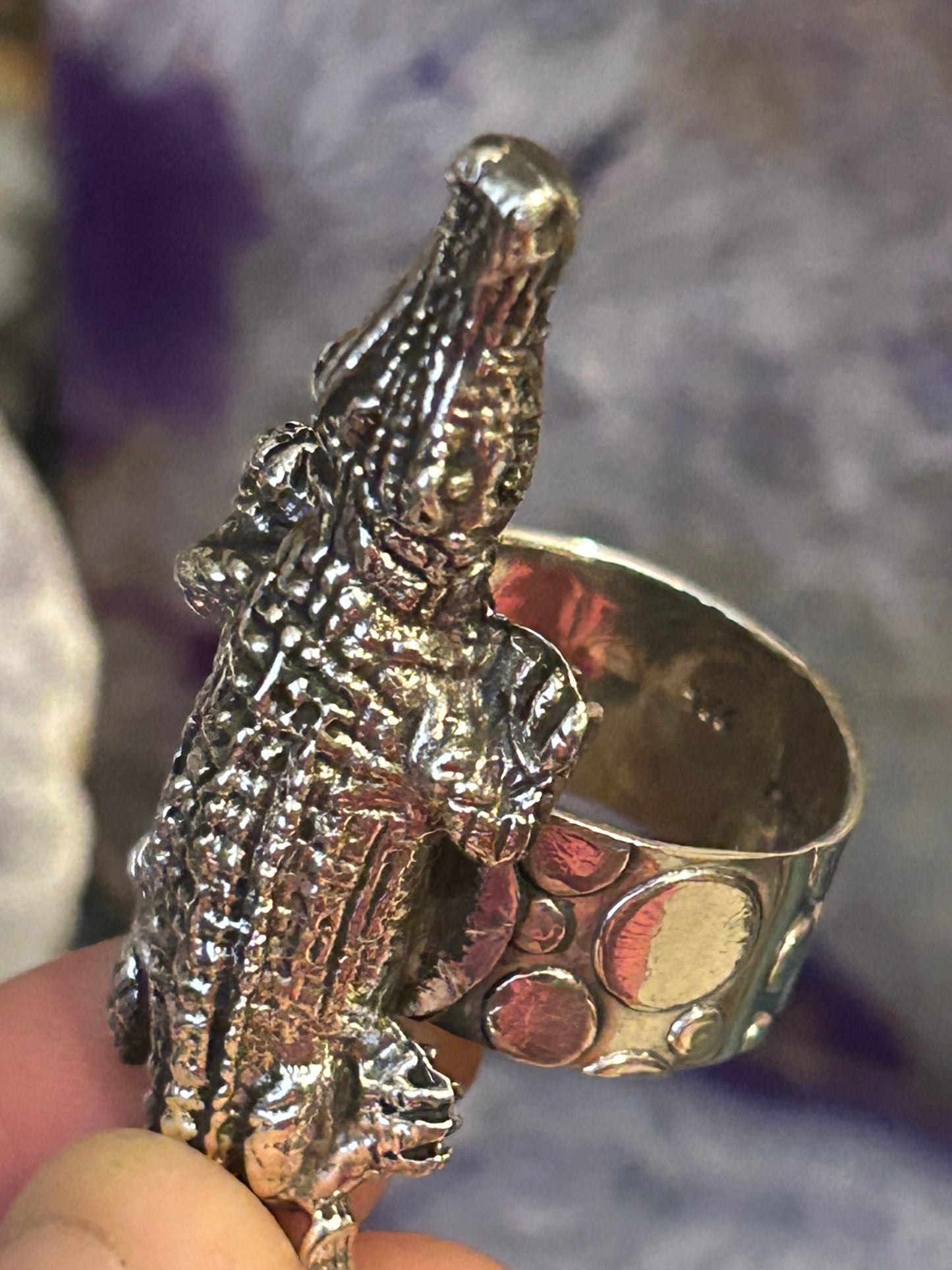 Sterling Silver Taxco Mexico Large Alligator Crocodile Ring Adjustable