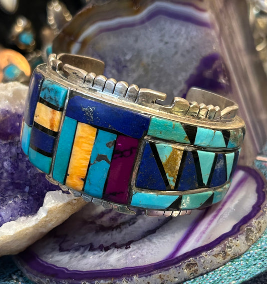 Sterling Silver Huge Multi-stone Inlay Statement Cuff Bracelet