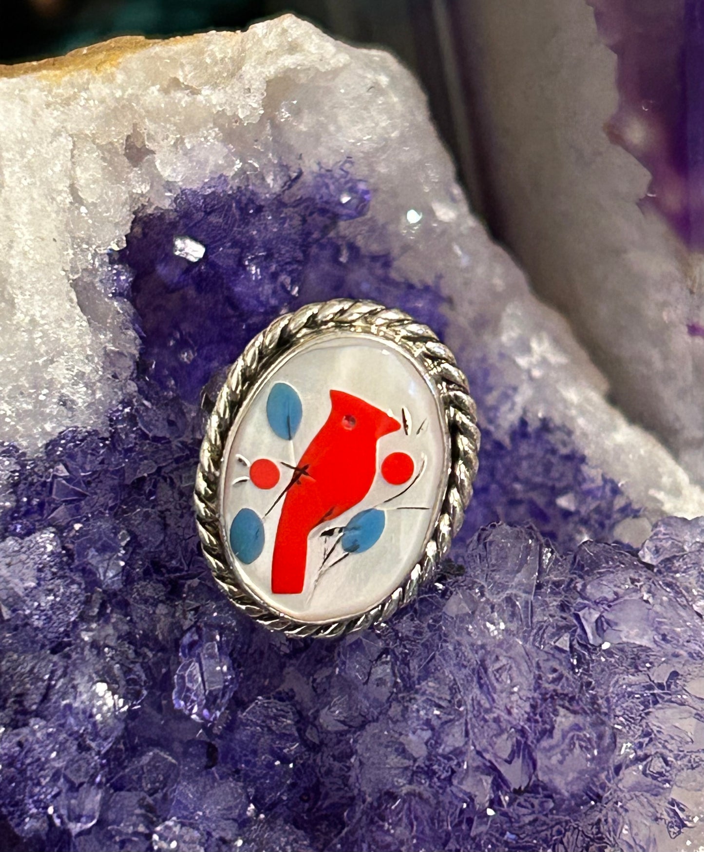 Sterling Silver Zuni Navajo Inlaid Cardinal Bird MOP Gemstone Ring Size 4