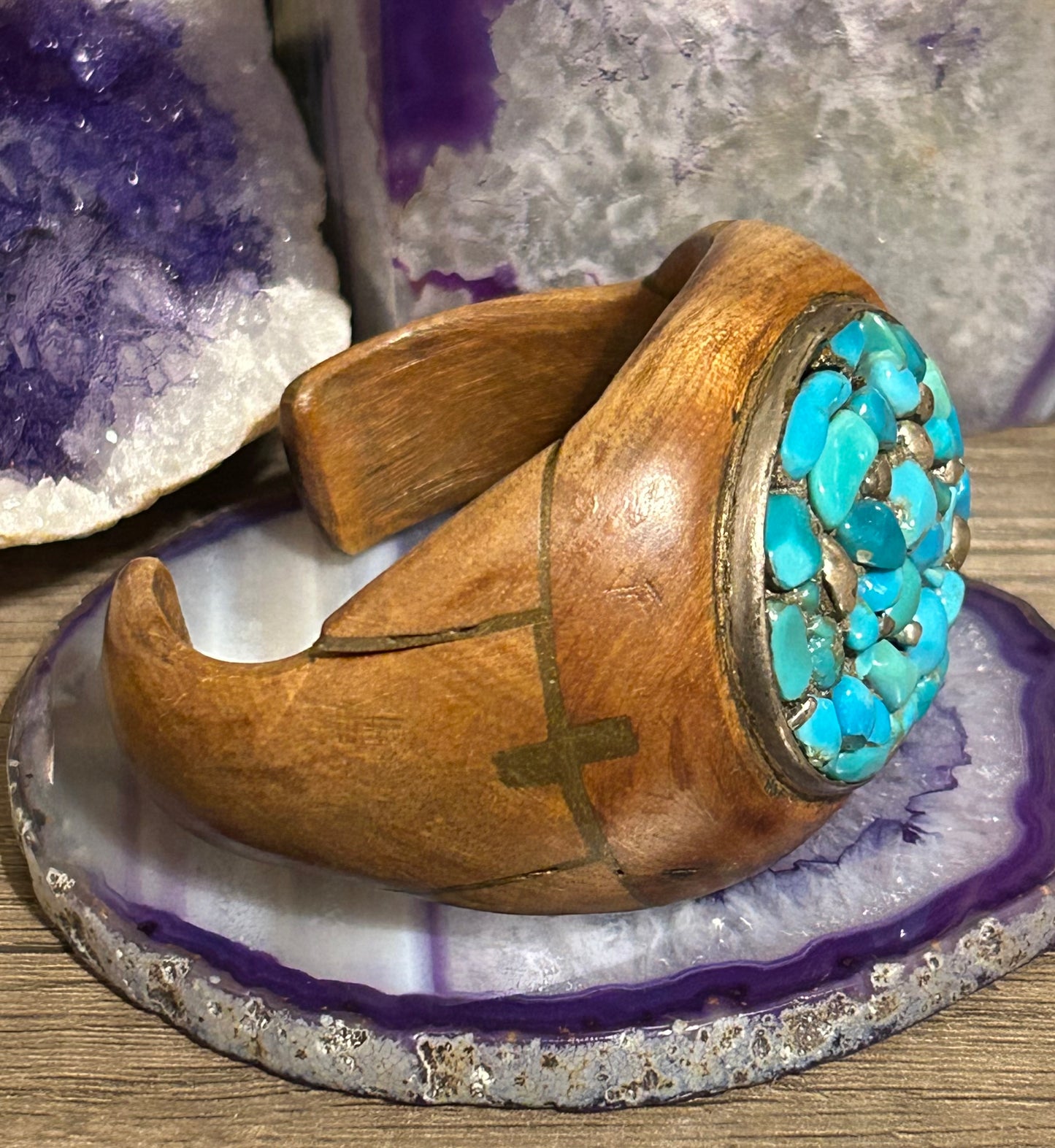 Vintage Unique Wood Cuff Bracelet With Sterling Silver & Turquoise