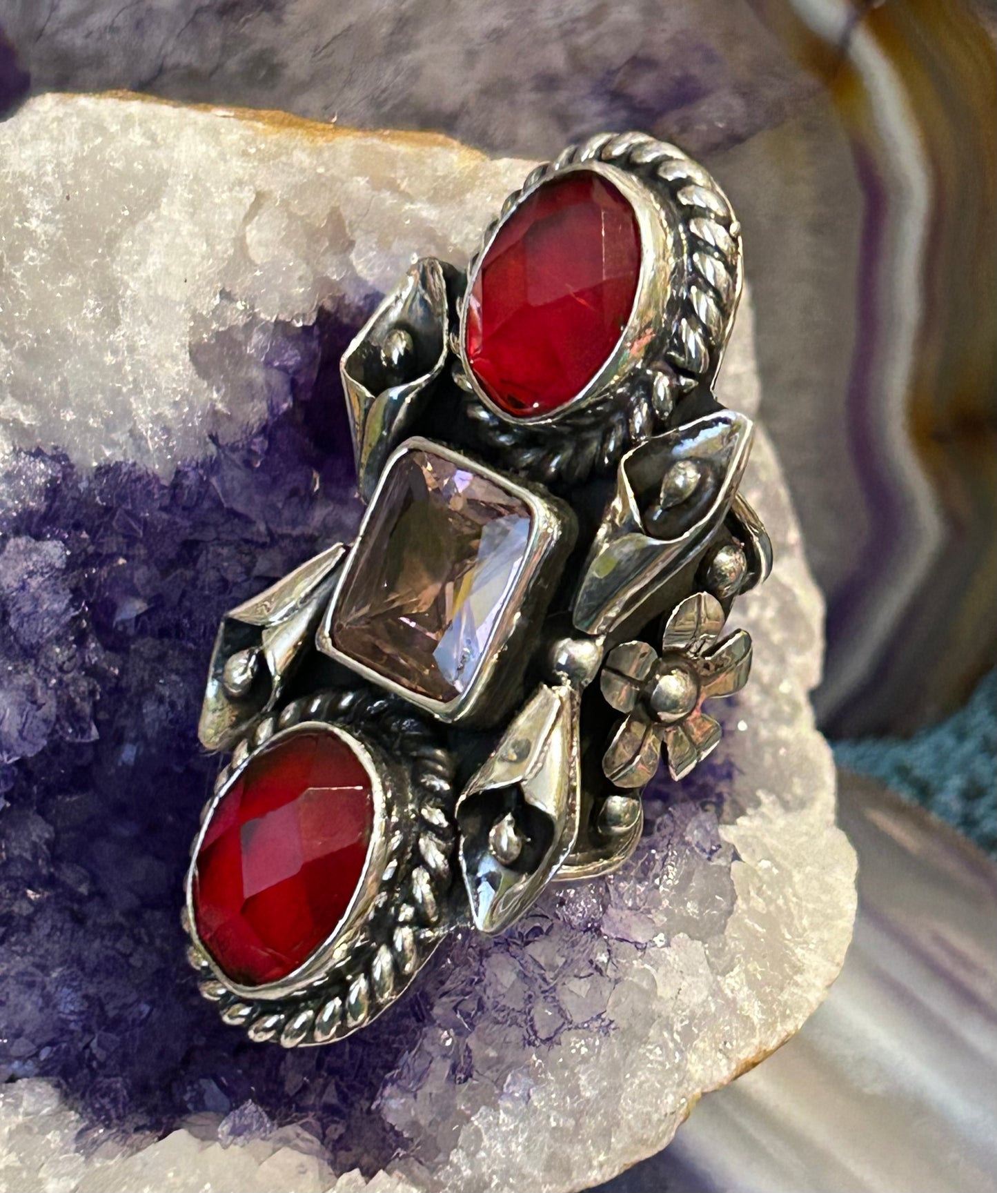 Sterling Silver Taxco Mexico Statement Ring w/ Pink & Red Natural Stones • Size 5-6