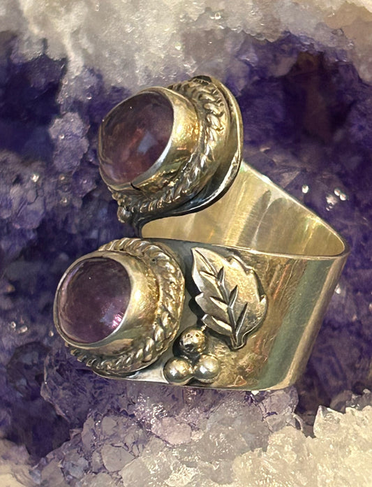 Sterling Silver Made In Taxco Mexico Large Bypass Ring w/ Amethyst & Leaves