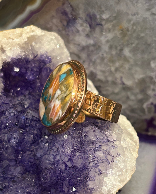 Copper Spiny Oyster Turquoise Round Adjustable Ring