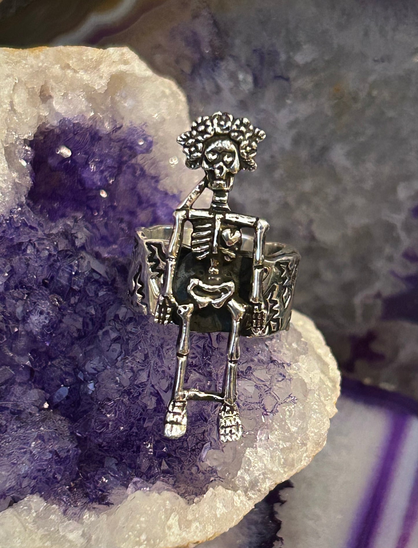 Sterling Silver Modern Taxco Mexico Catrina Skeleton Sugar Skull Ring Adjustable