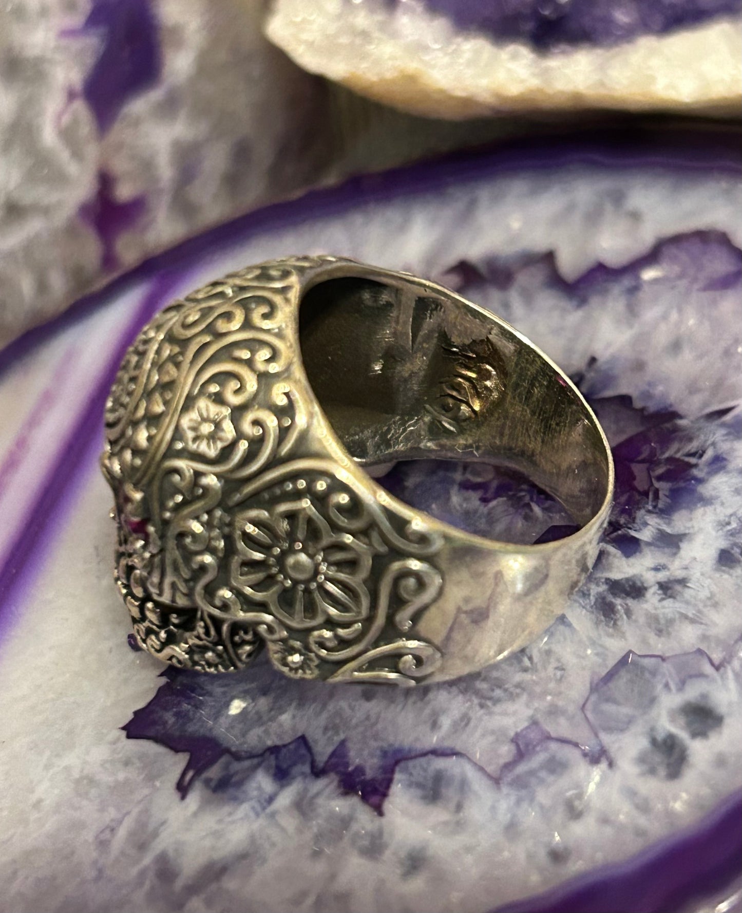 Sterling Silver Sugar Skull With Ruby Eyes Large Skull Ring Size 9