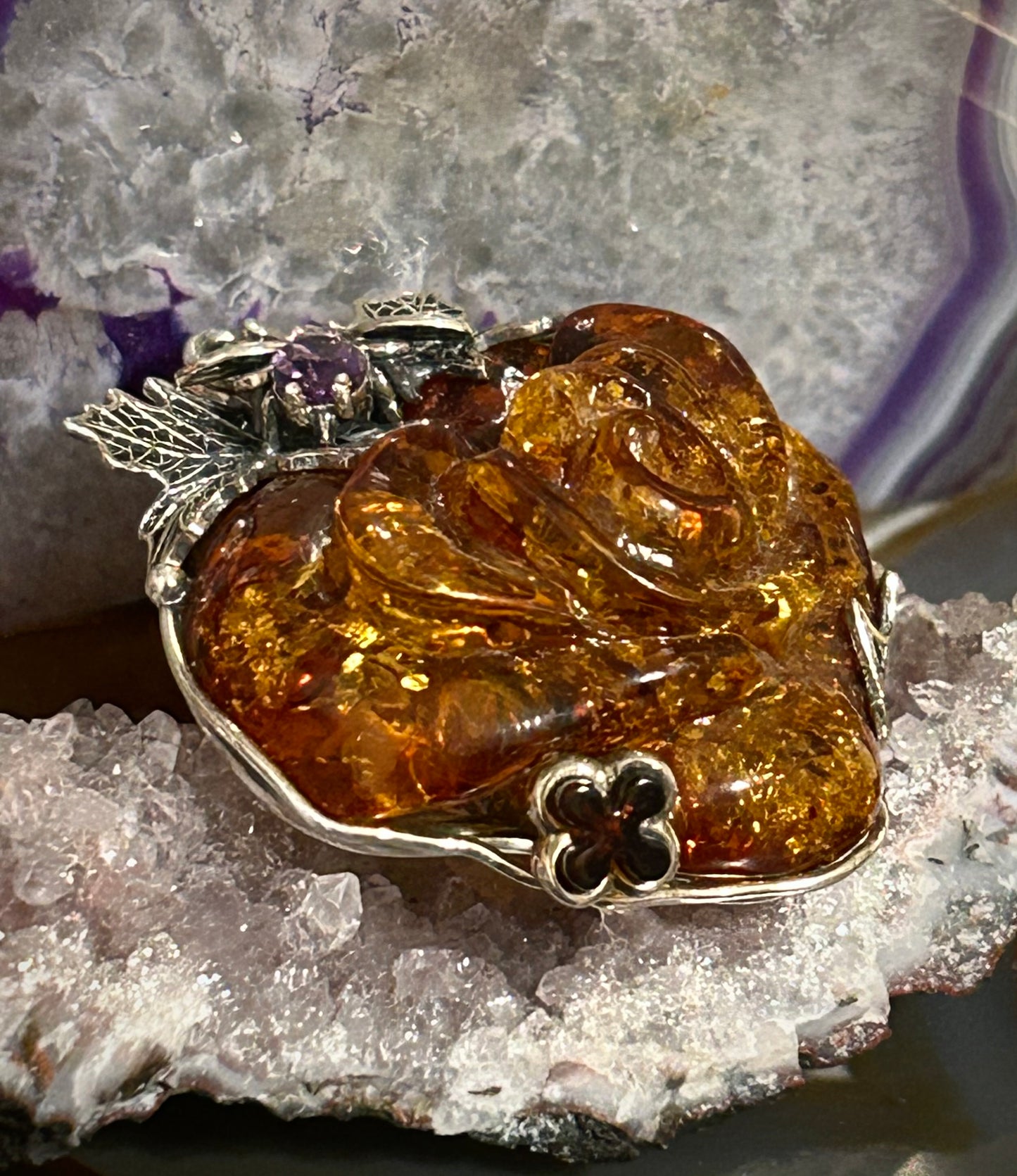 Sterling Silver & Baltic Amber Statement Large Handmade Rose Pendant