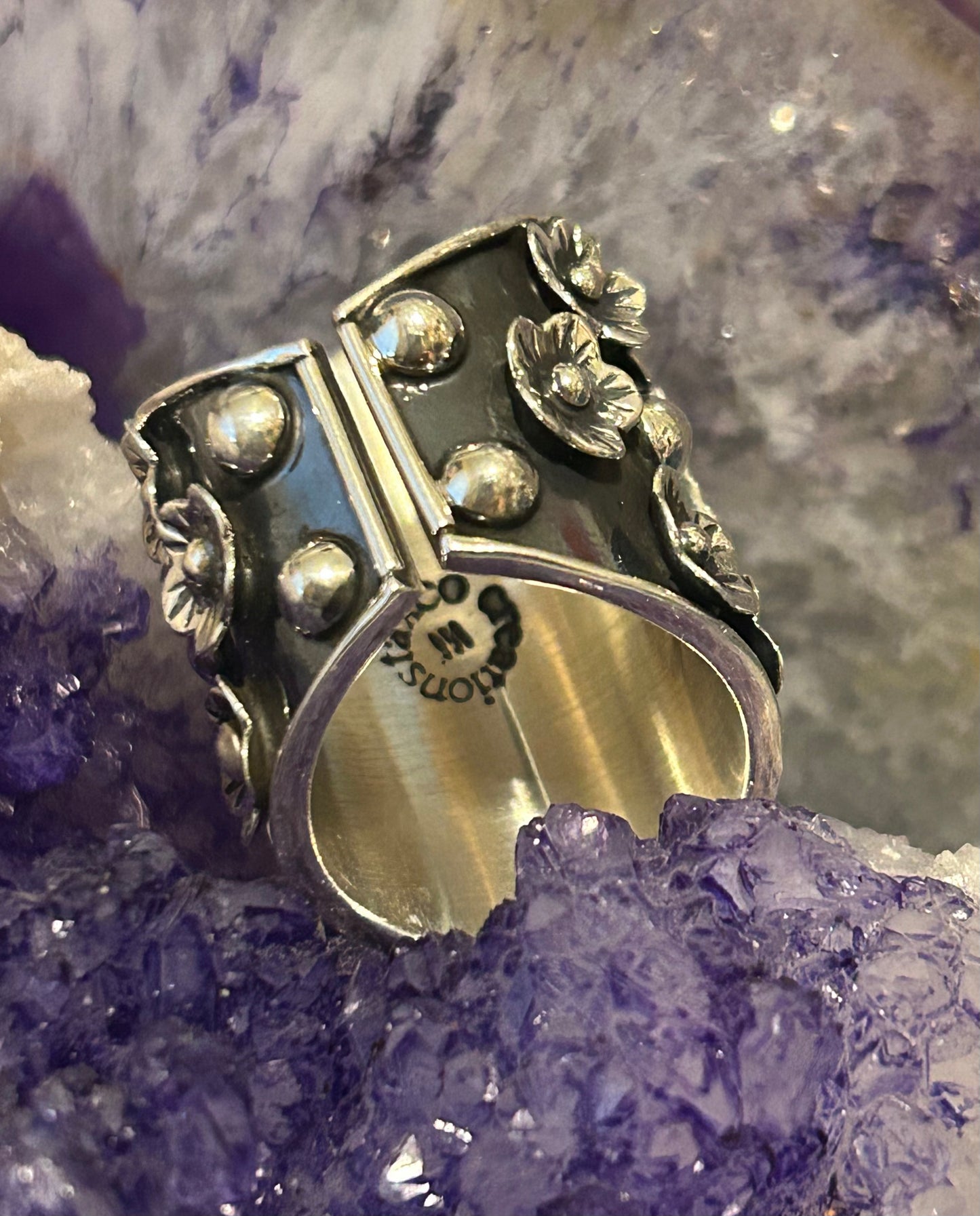 950 Silver Taxco Mexico Large Tiger And Flowers Wide Ring Sz 7-8.5