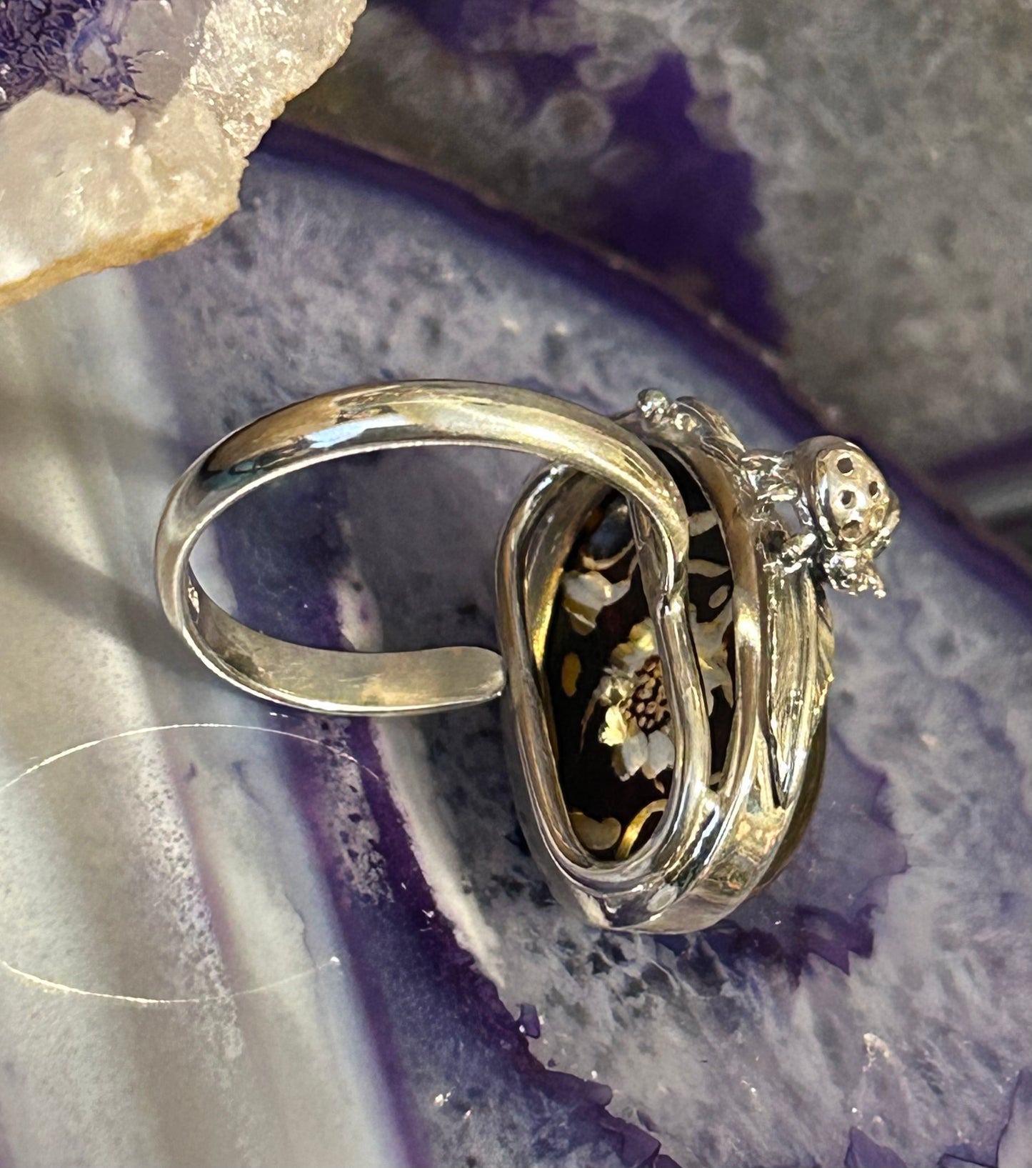 Sterling Silver Carved Amber Ring With Flowers & Amethyst Lady Bug • Adjustable