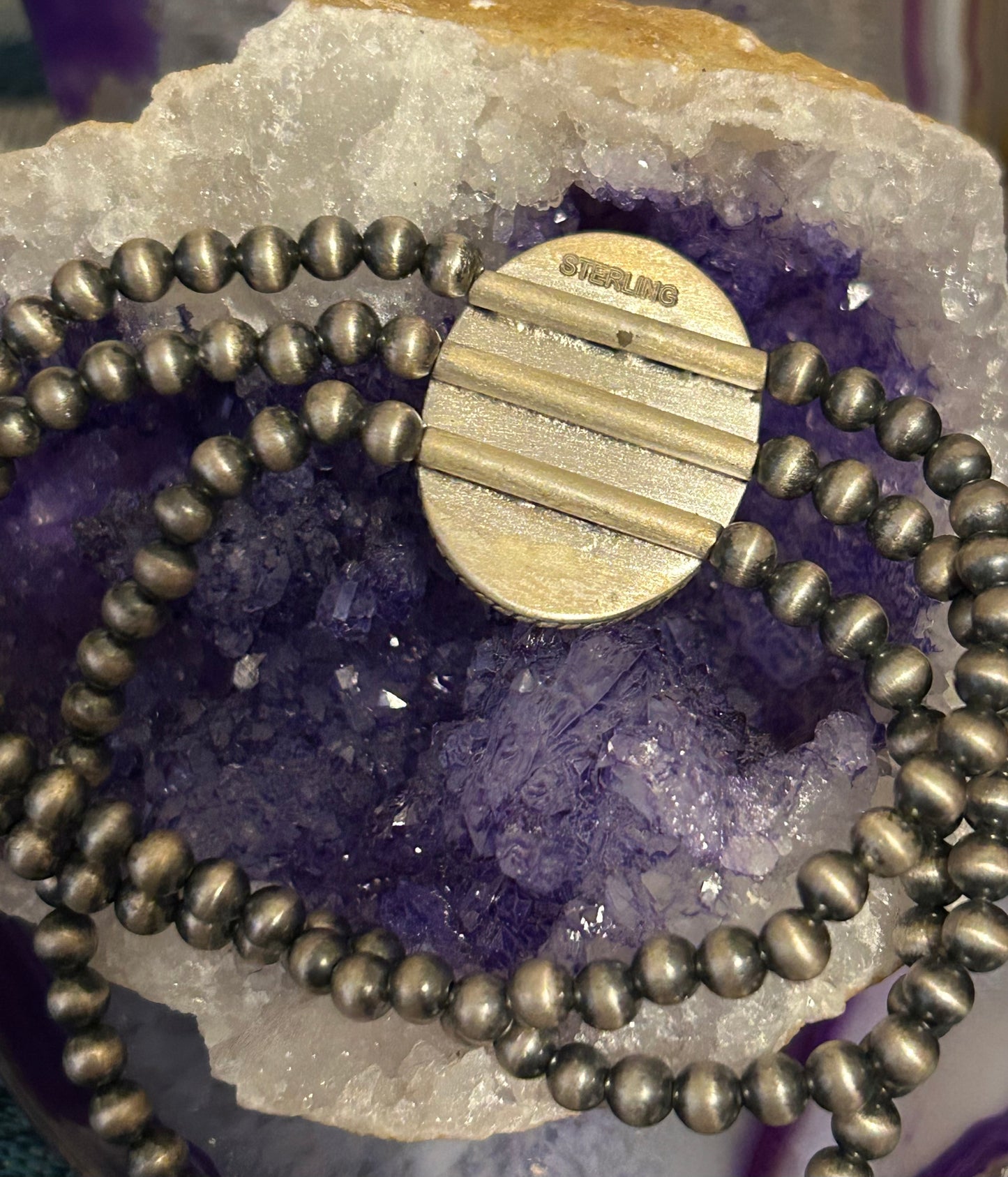 Sterling Silver Desert Pearl Ball Beads and Violet Dahlia Stretch Bracelet