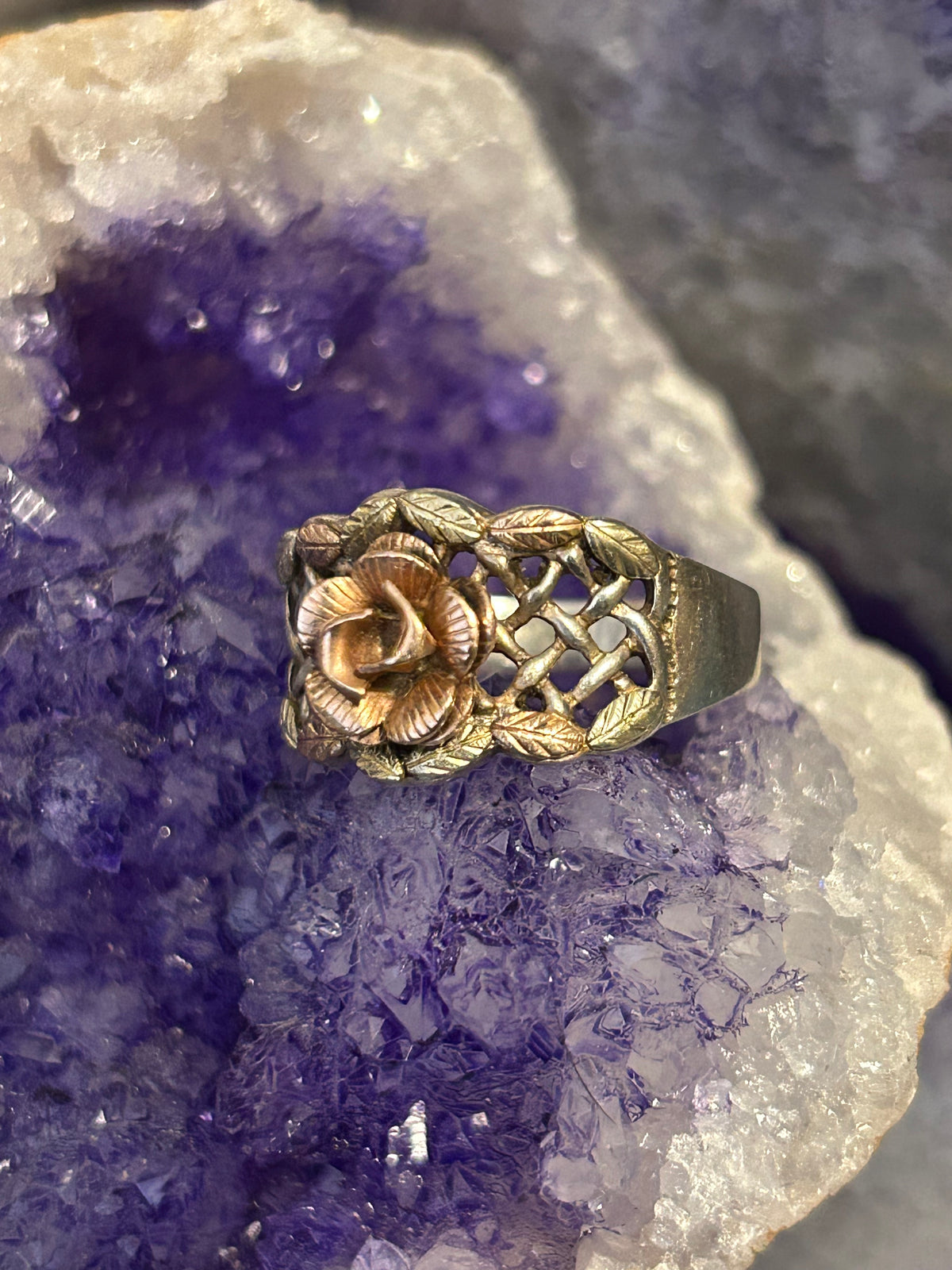 Vintage Coleman Co CCO Black Hills Gold 12K 3D Rose & Leaf Sterling Ring • Size 8