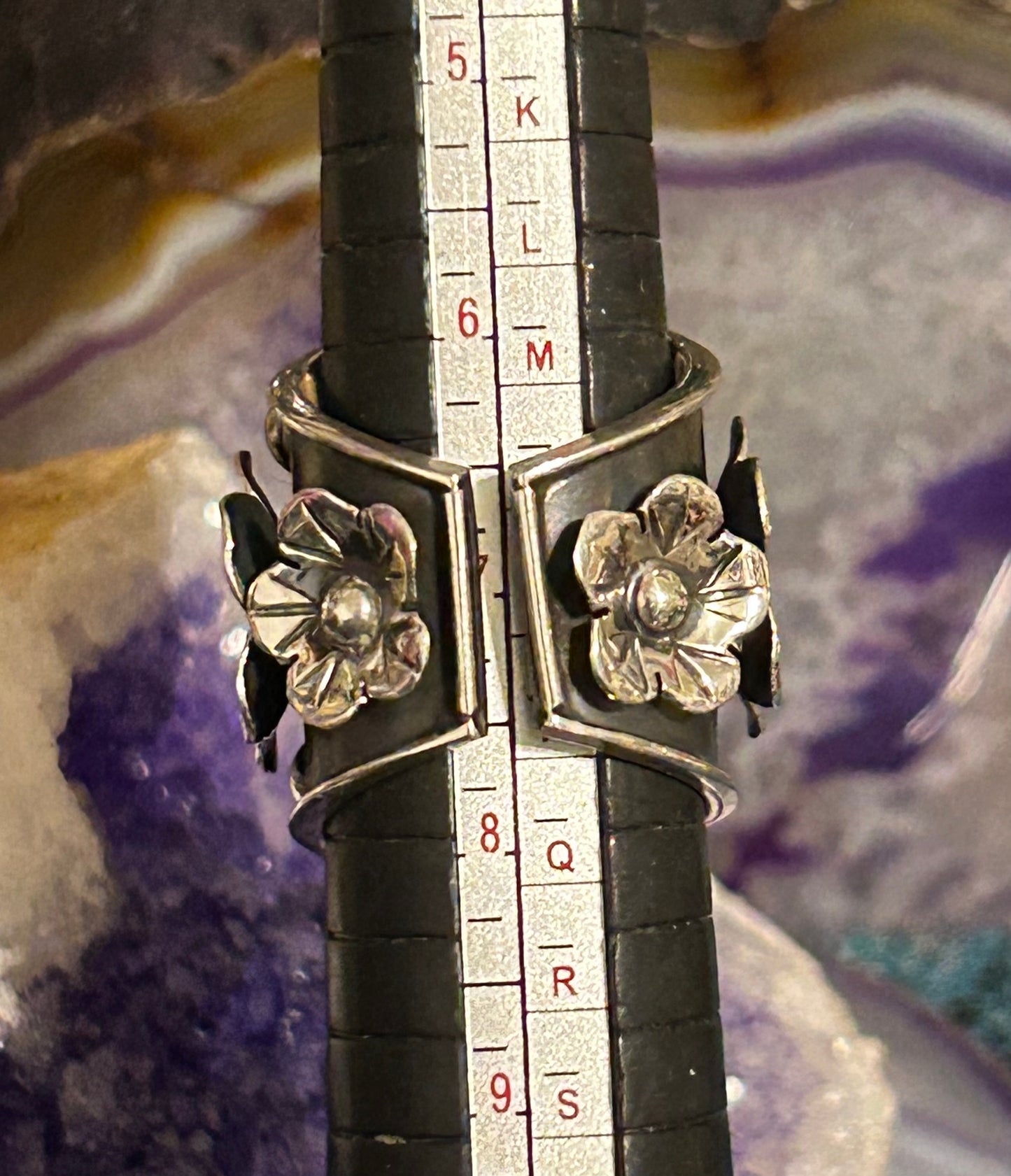 950 Silver Taxco Mexico Large Skull And Flowers Ring Sz 7-8.5