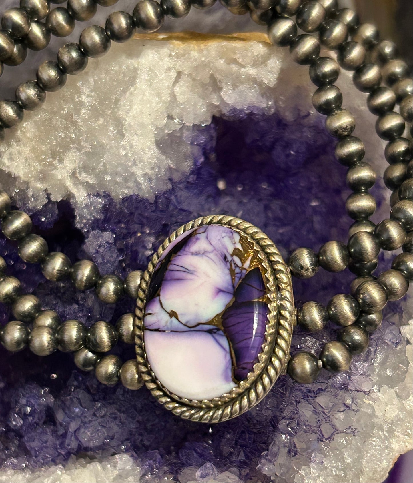 Sterling Silver Desert Pearl Ball Beads and Violet Dahlia Stretch Bracelet