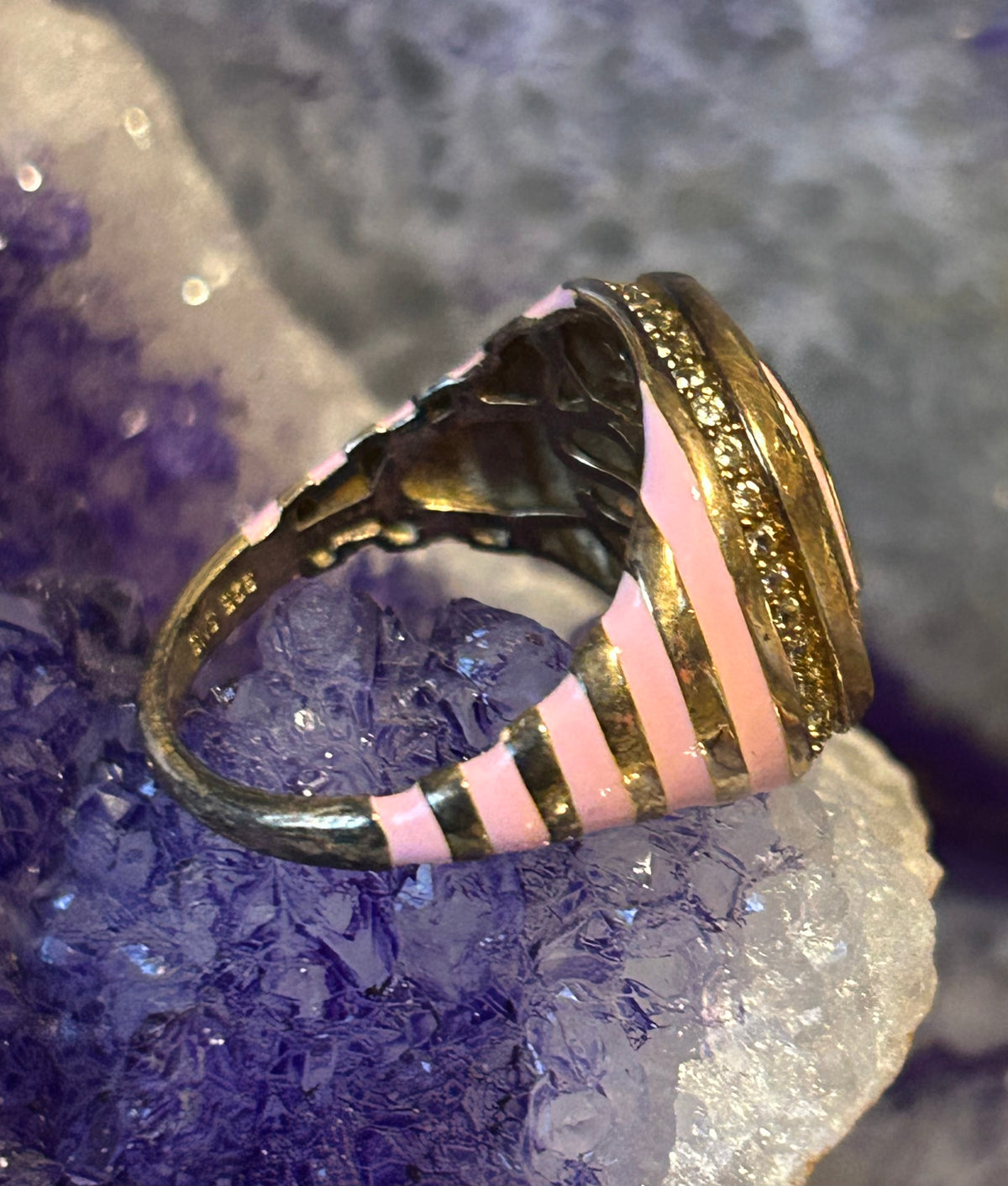 Sterling Silver Rarities by Carol Brodie Pink Enamel & Gemstones Ring • Size 9