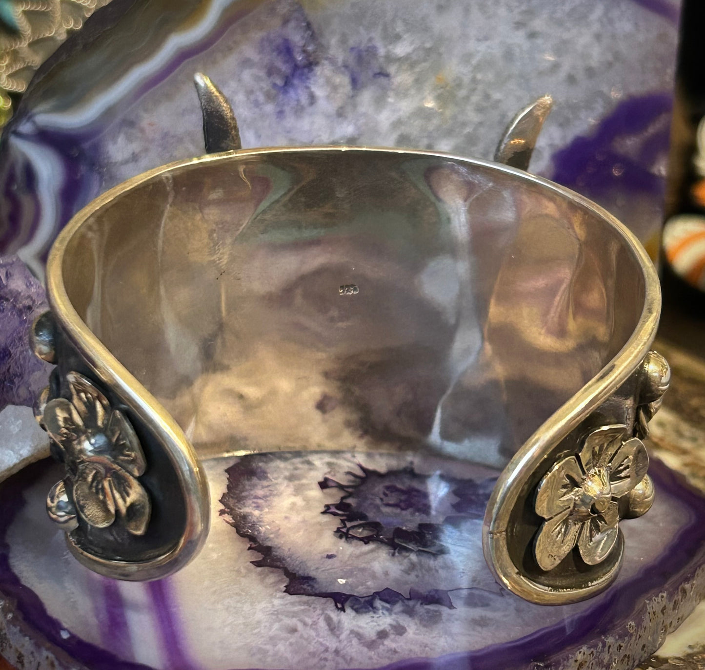 Taxco Mexico Sterling Silver Leaves & Bull Skull w/ Turquoise Statement Cuff Bracelet