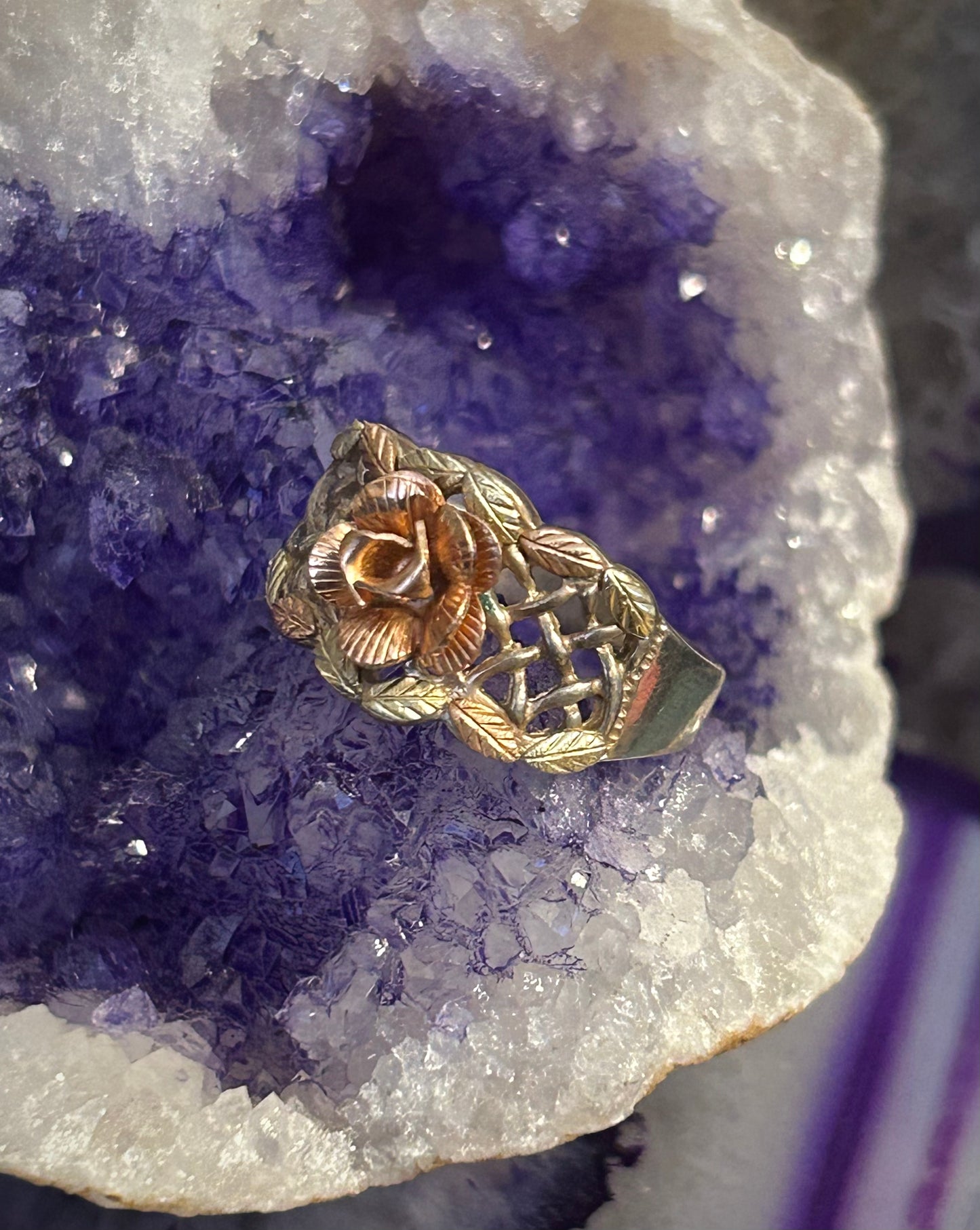 Vintage Coleman Co CCO Black Hills Gold 12K 3D Rose & Leaf Sterling Ring • Size 8