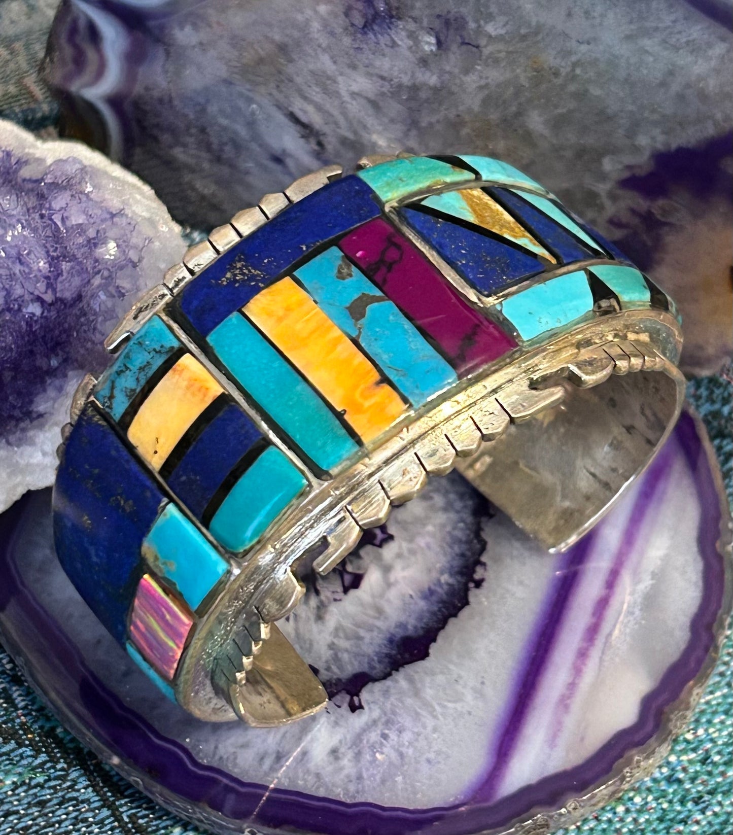 Sterling Silver Huge Multi-stone Inlay Statement Cuff Bracelet