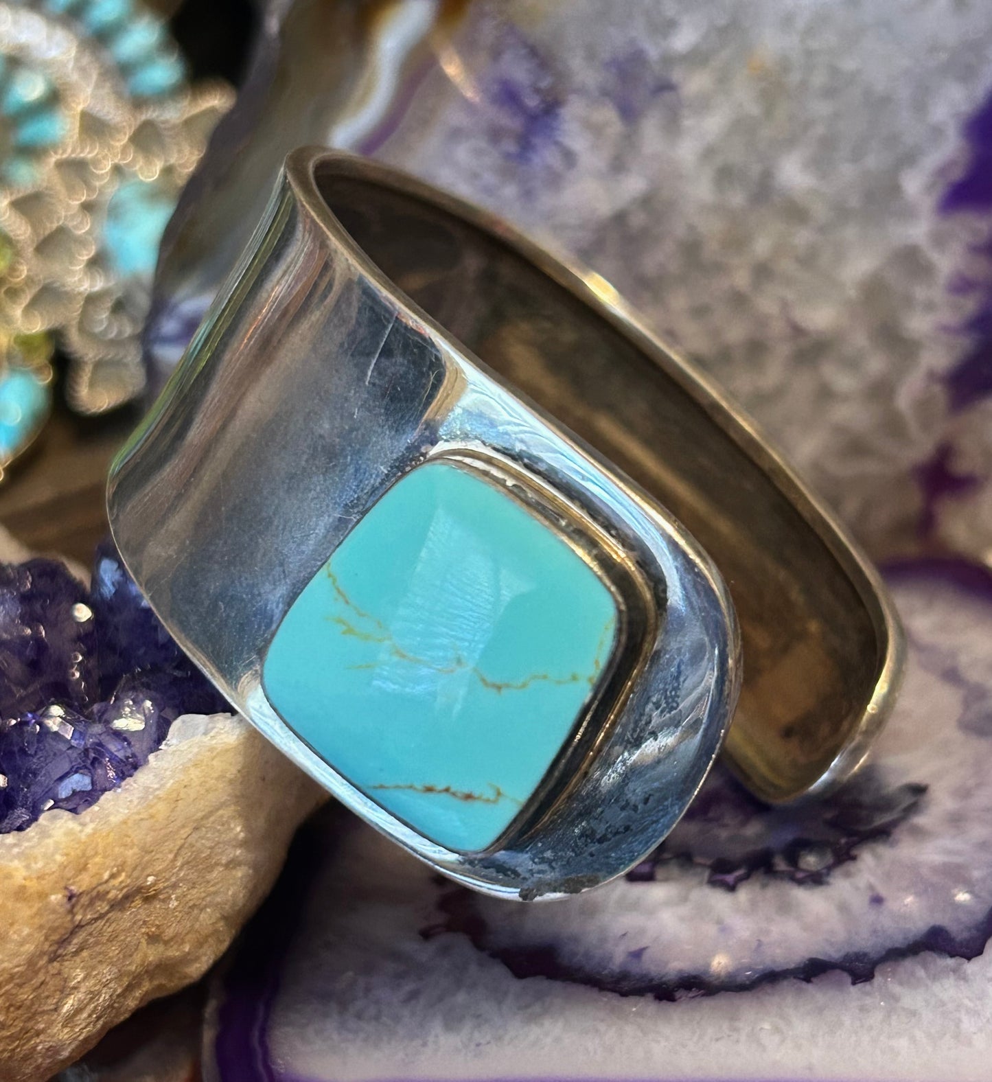 Vintage Sterling Silver Taxco Mexico Asymmetrical Turquoise Cuff Bracelet