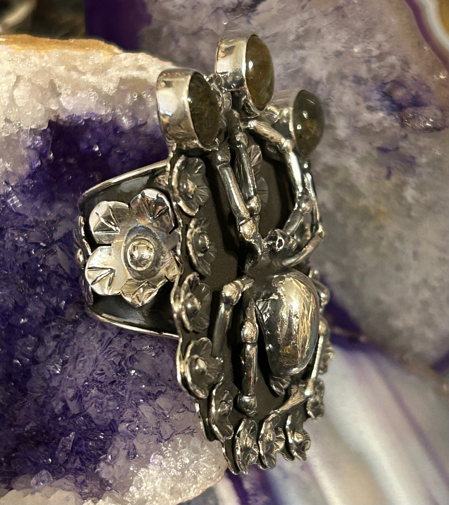 950 Silver Taxco Mexico Large Spider W/ Labradorite & Flowers Sz 7-8.5