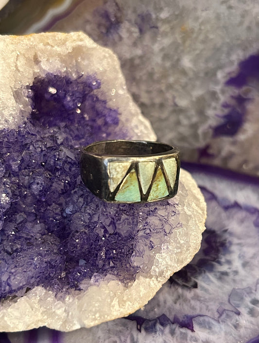 Sterling Silver Vintage Inlay Turquoise Signet Shape Ring • Size 11