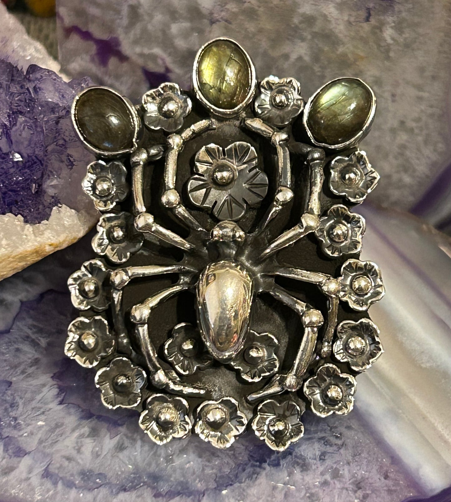 950 Silver Taxco Mexico Large Spider W/ Labradorite & Flowers Sz 7-8.5
