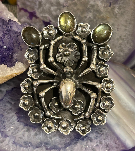 950 Silver Taxco Mexico Large Spider W/ Labradorite & Flowers Sz 7-8.5