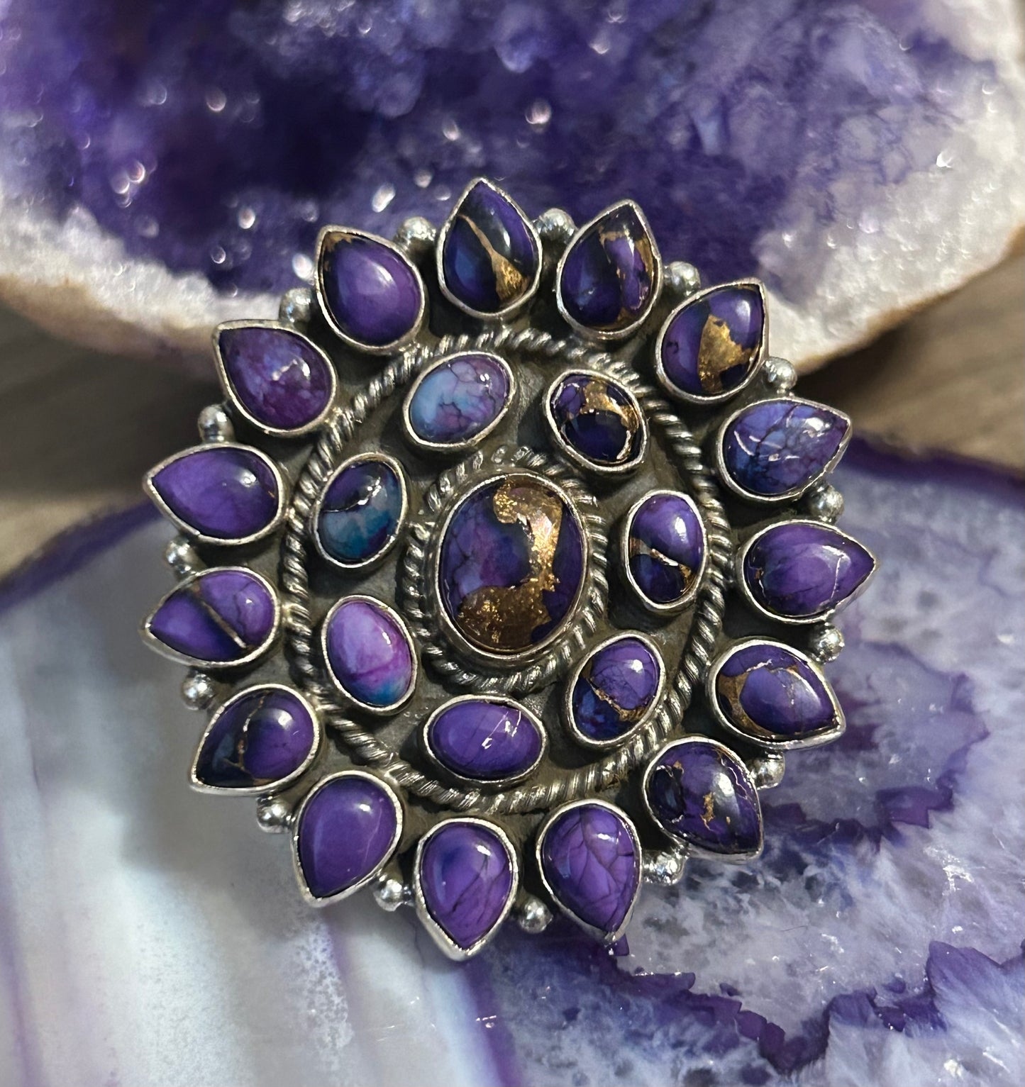 Sterling Silver Violet Dahlia Large Multi-Stone Ring Adjustable 7-9