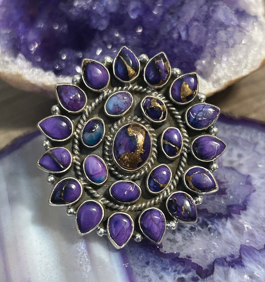 Sterling Silver Violet Dahlia Large Multi-Stone Ring Adjustable 7-9