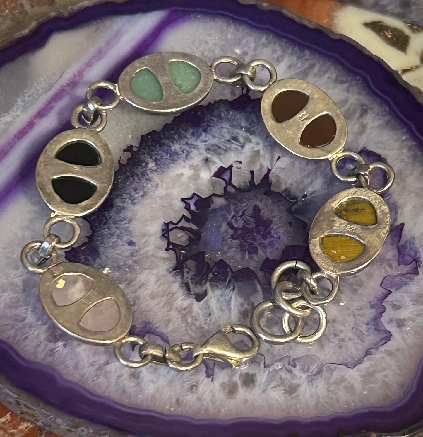 Vintage Sterling Silver Carved Scarab Beetle Stones Link Bracelet