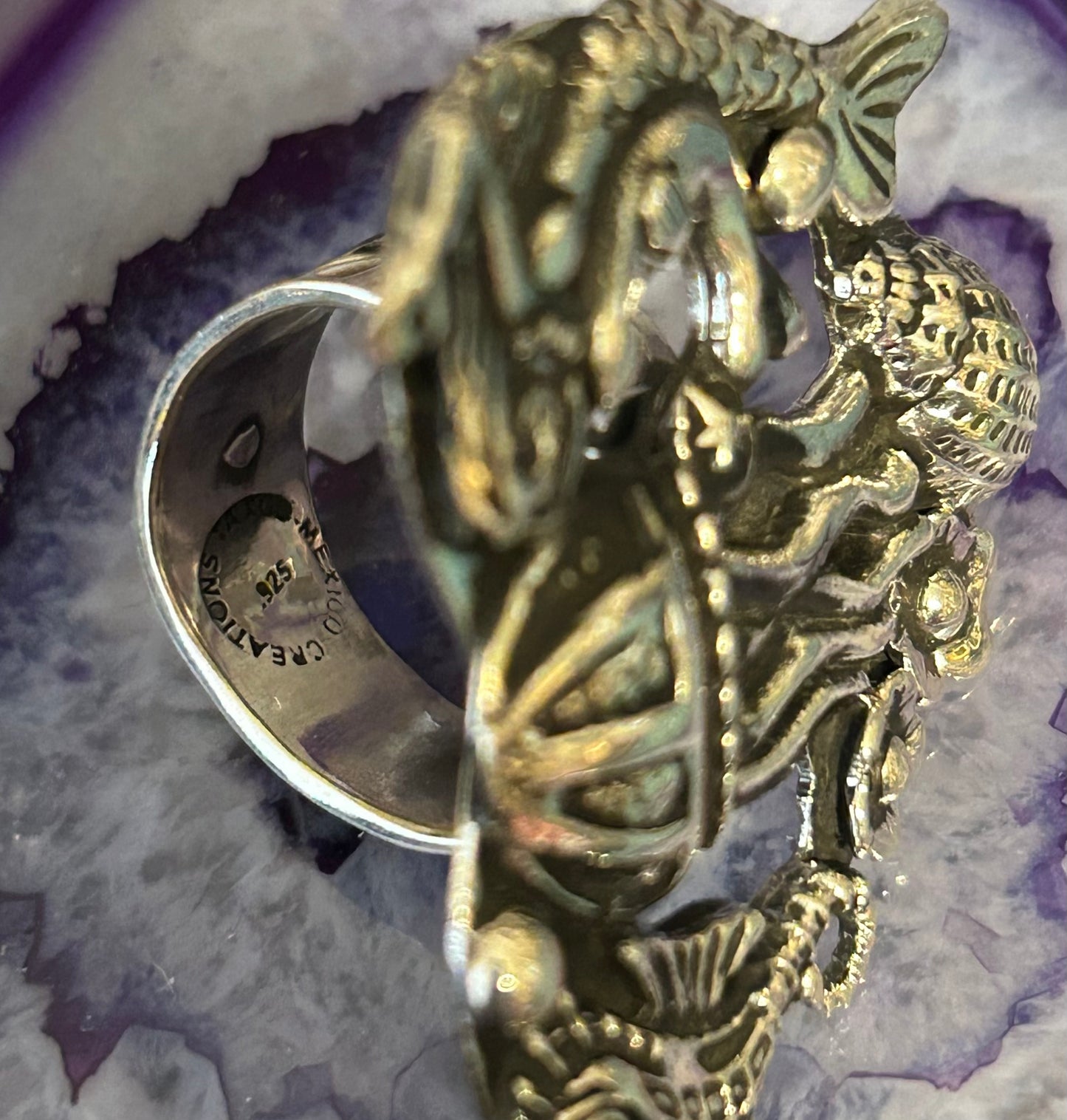 Sterling Silver Taxco Mexico Large Statement Ocean Theme Mermaid Jellyfish Ring • Adjustable