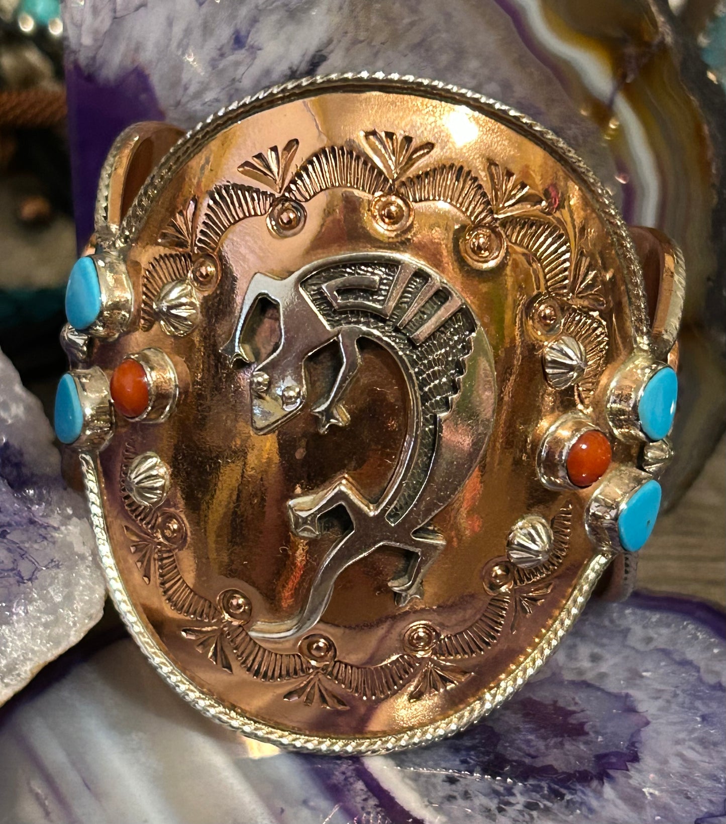 Running Bear Native American Copper & Sterling Silver Gecko/Lizard Cuff Bracelet
