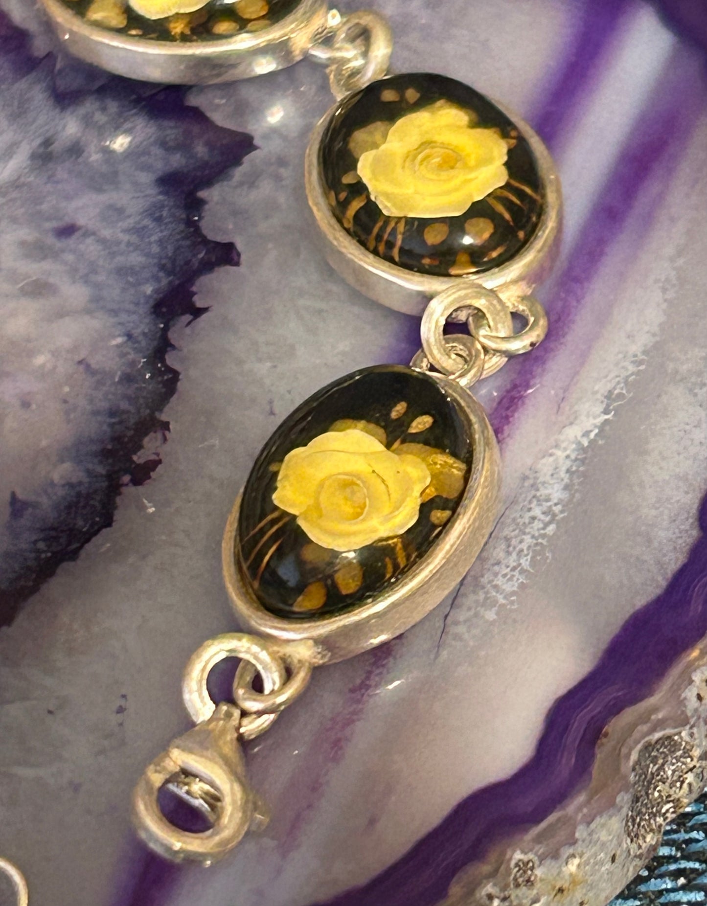 Sterling Silver & Natural Baltic Amber Carved Roses Link Bracelet