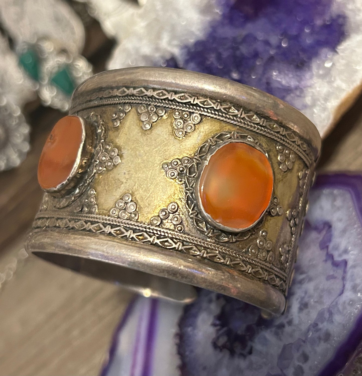 Antique Sterling Silver & Carnelian Turkish Cuff Bracelet