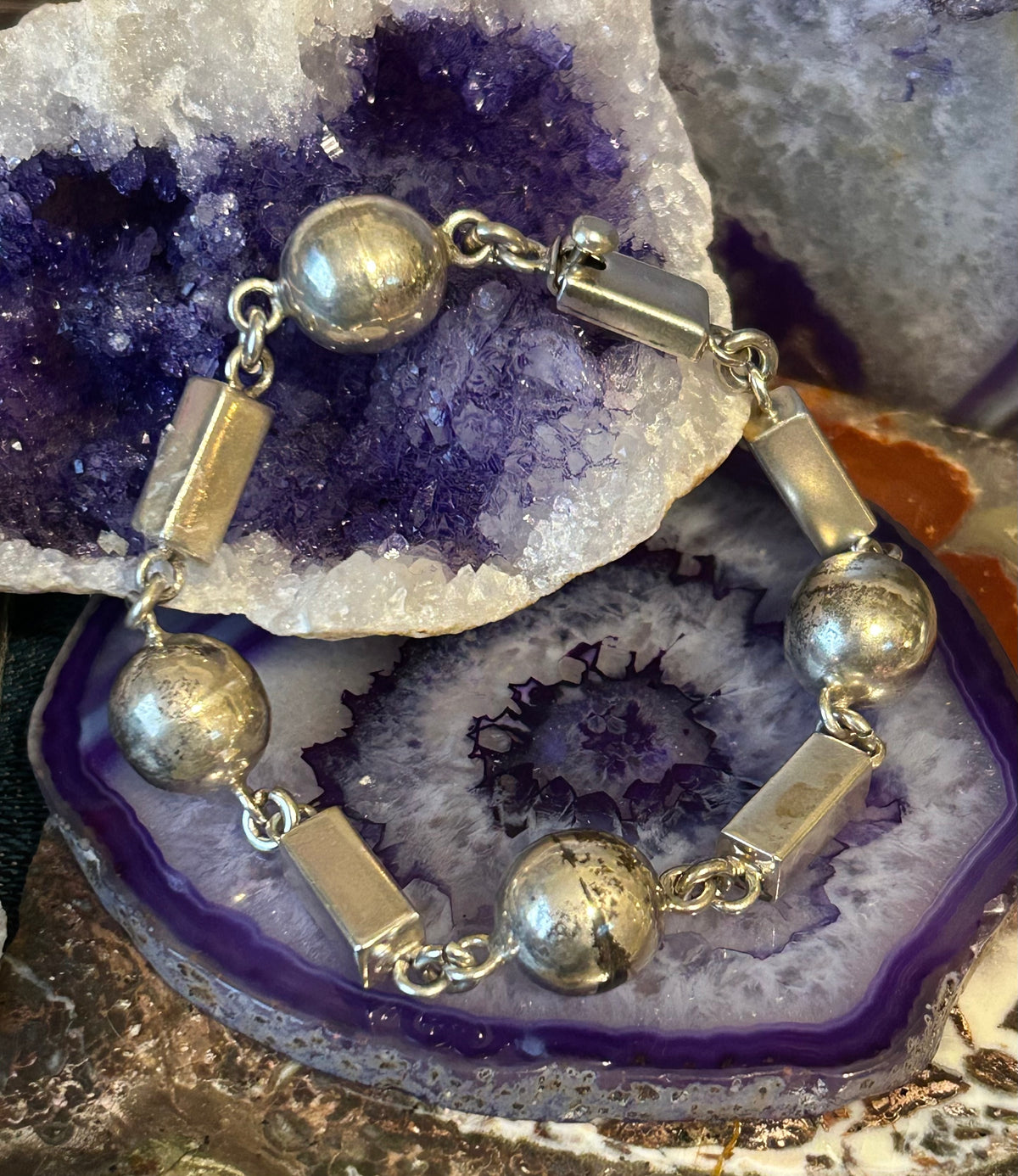 Vintage Taxco Mexico Sterling Silver Chunky Bar & Ball Link Bracelet